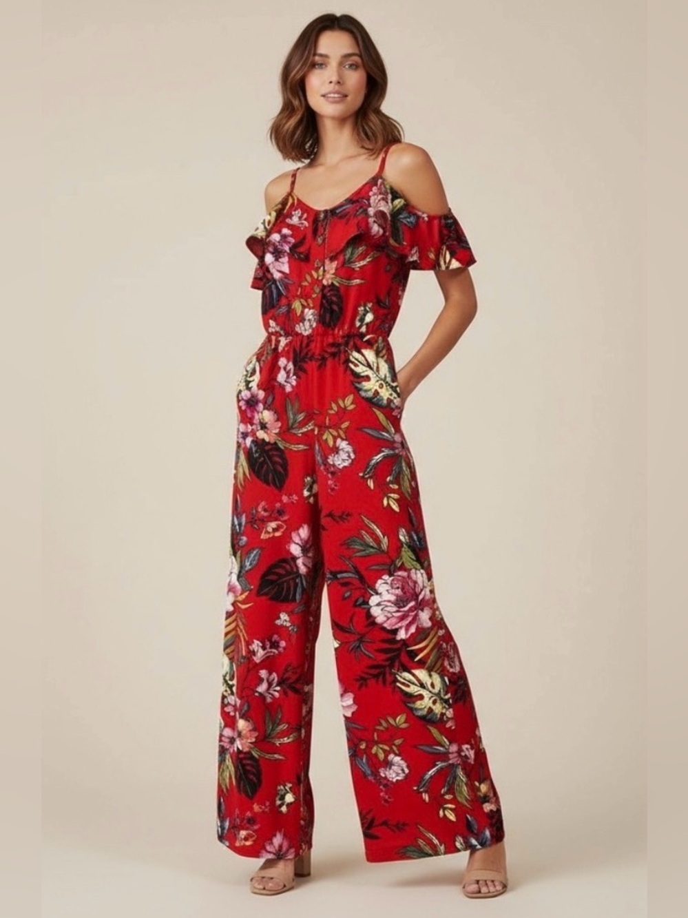 Eye Candy Brand Red Tropical Jumpsuit w/ Pockets, Straps, & Bust Ruffle Overlay